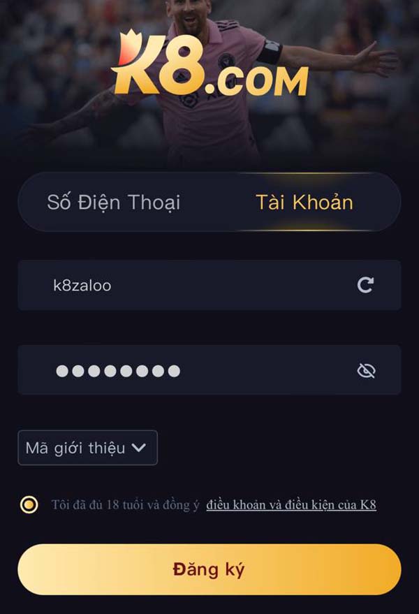 Cách đăng ký K8 qua tên tài khoản